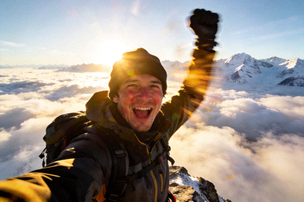 登山者成功登顶后在山巅挥舞手臂的胜利瞬间特写