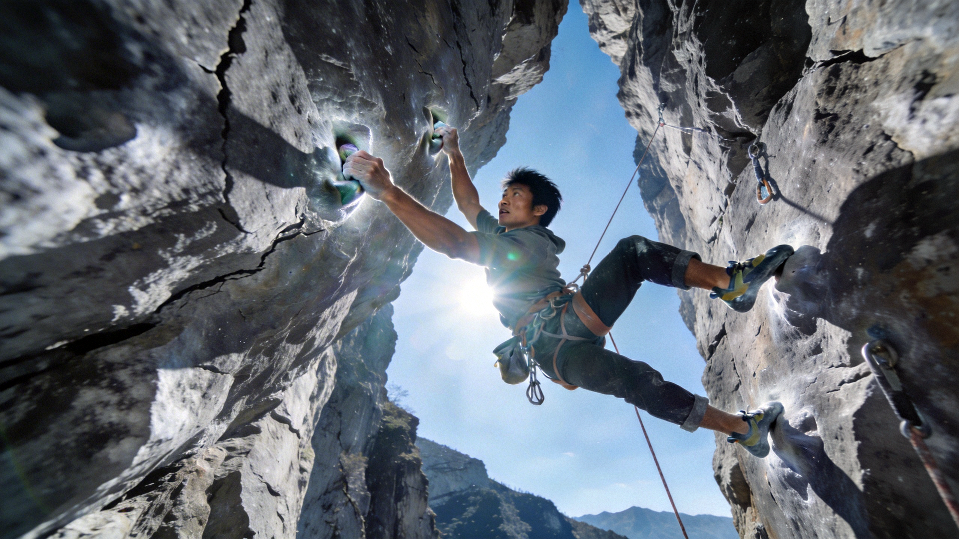 攀岩者在陡峭的岩壁上挑战极限的惊险瞬间